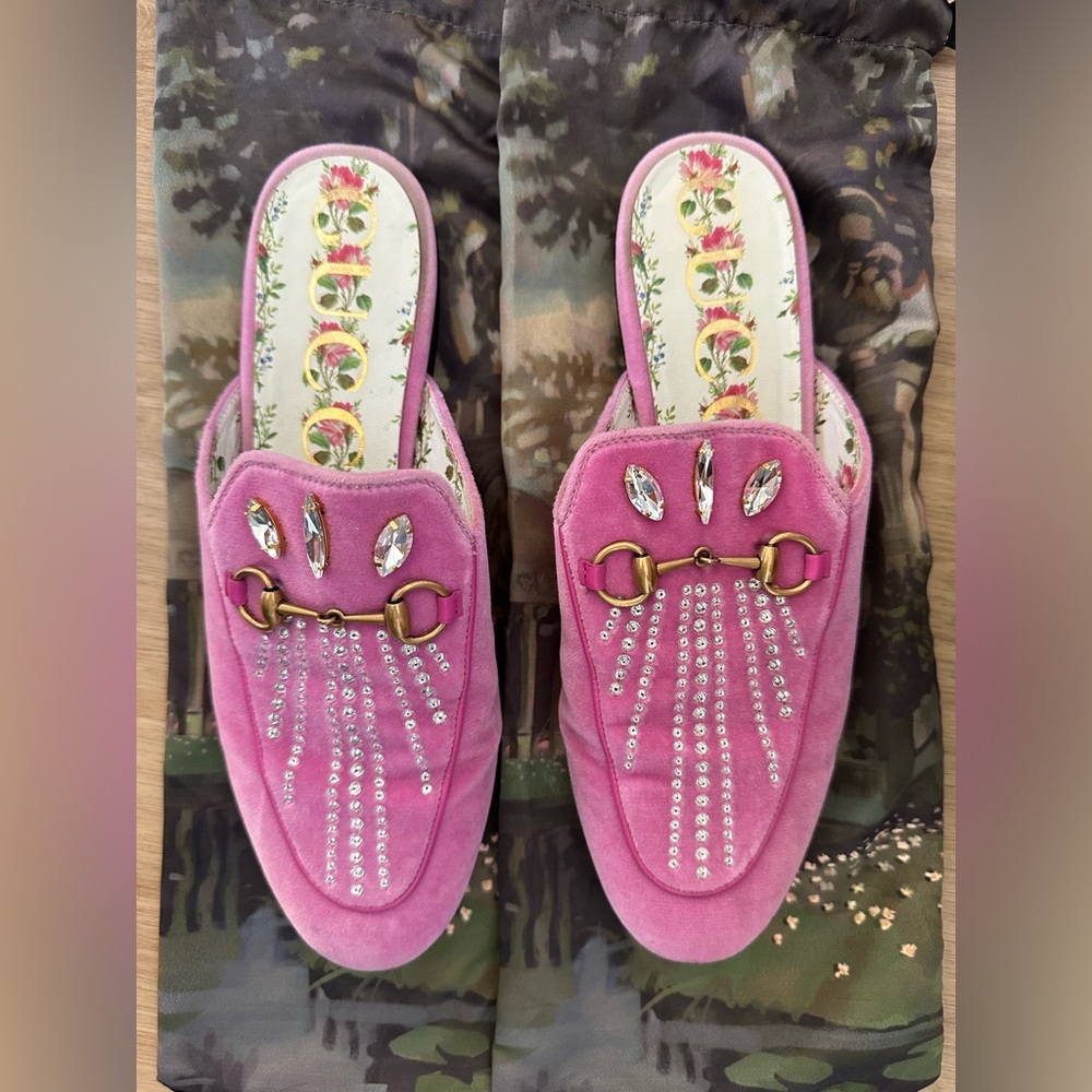 Gucci prince town horsebit crystal pink velvet mules